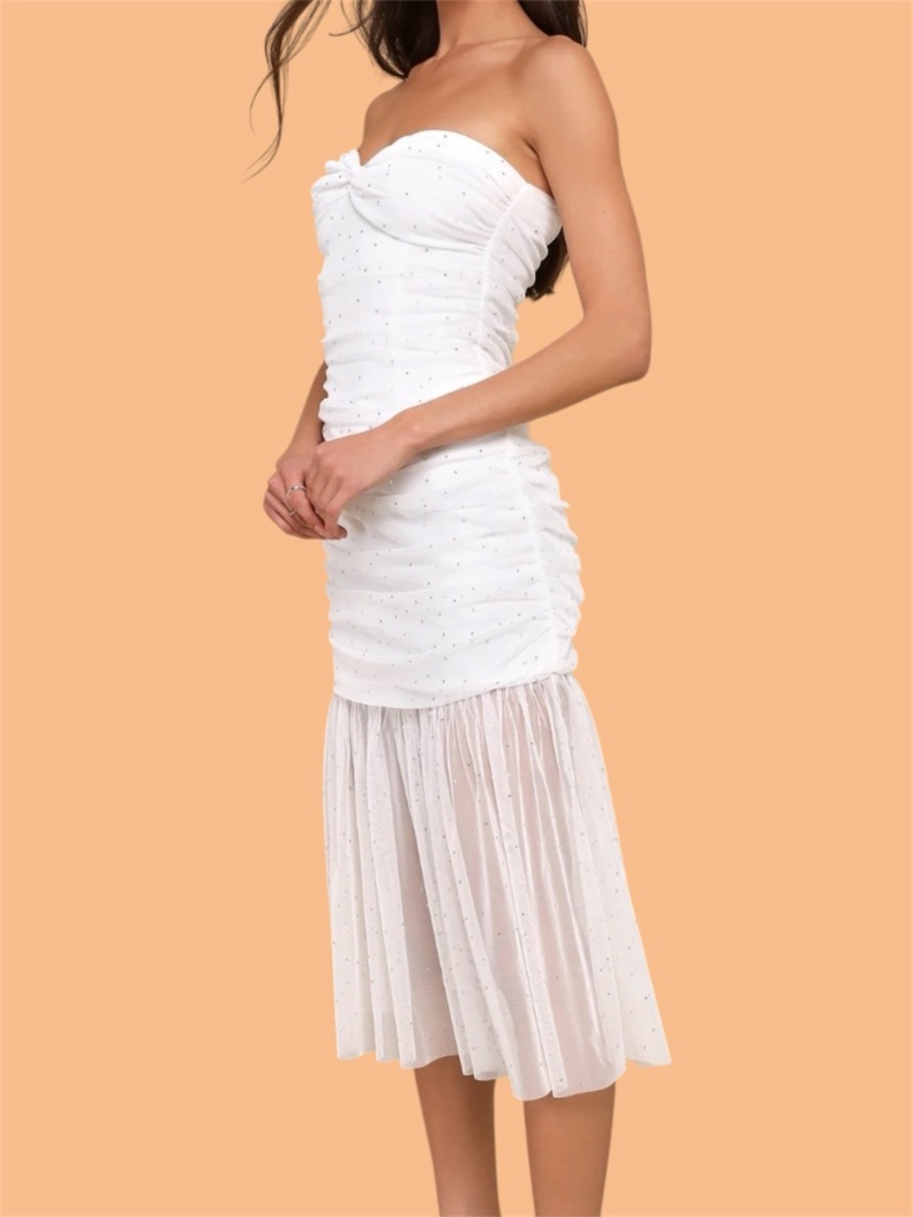 Lulus Sparkling Babe White Mesh Rhinestone Ruched Strapless Midi Dress - Picture 2 of 11